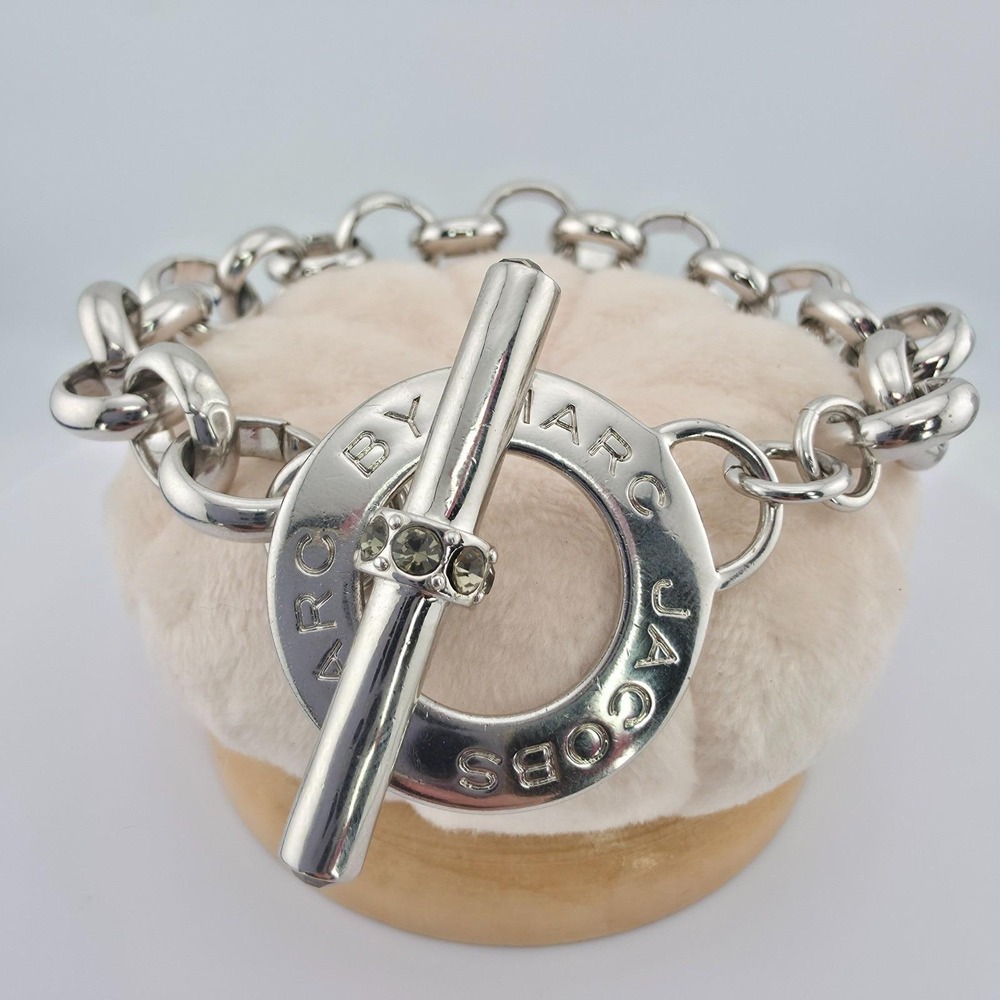 MARC JACOBS Toggle Bracelet Crystal Toggle Chunky Rolo Link Silver Tone 7.25"